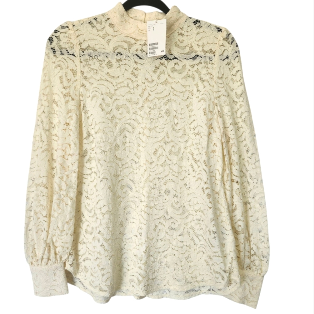 H&M Ivory‎ Lace Blouse with High Mock Neck & Long Blouson Sleeves Size Small NWT